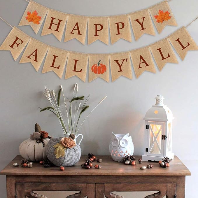 Happy Fall Yall Burlap Banner for Fireplace Thanksgiving Decor Fall Sign Mantel Autumn Rustic Maple Leaf Pumpkin Harvest Banner Autumn Hanging Decorations Wall Indoor Outdoor Office Home Back Drop