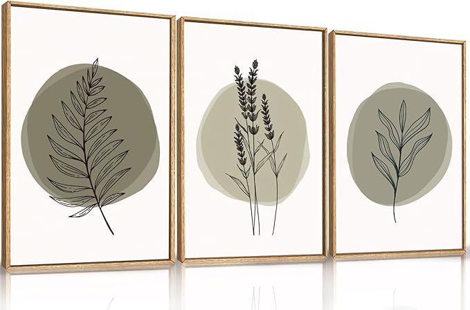 HOURIA Sage Green Leaves Framed Canvas Wall Art Set,Minimalism Boho Leaf Wall Decor, Modern Nature Botanical Wall Painting,Mid Century Plant Art Prints for Living Room,Bedroom,Farmhouse-16 x24 x3
