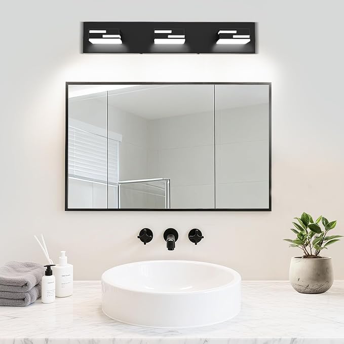 LED Modern Bathroom Vanity Light Fixtures, 3-Light 22-inch Dimmable Matte Black Vanity Lights for Bathroom Lighting Fixtures Over Mirror, with 350° Rotatable Acrylic Heads (Cool White 6000K)