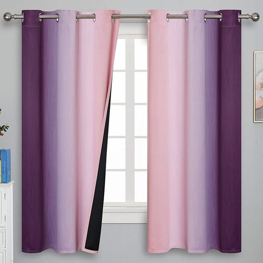 Pink&Purple Curtains 63 Inch Length 2 panels, Full Light Blocking Ombre Blackout Curtains for Kids Room, Thermal Insulated Noise Reducing Gradient Blackout Curtains for Girls boys Bedroom, 42x63 Inch