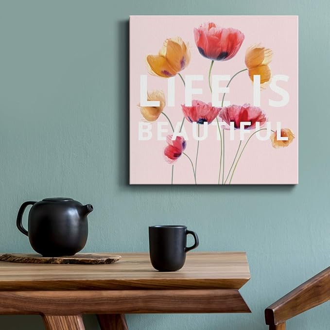 Wexford Home Square Premium Gallery Wrapped Canvas Flower Multicolor Wall Art Abstract Floral Romance Modern Pictures Print for Home Office, Ready to Hang, life is beautiful, 10x10