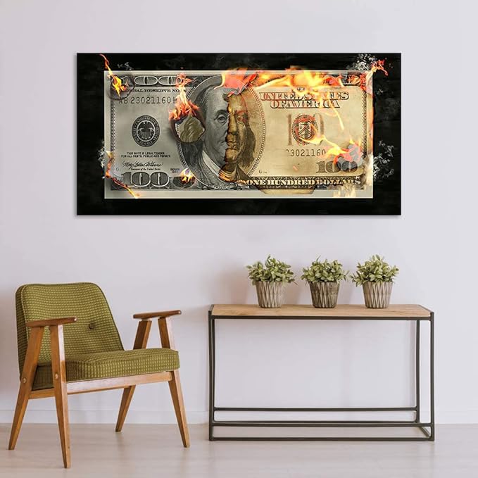 Large Canvas Money Artwork for Home Walls Flame Burning 100 Money Wall Art Creative Wall Pictures for Office Abstract Money Art Print Farmhouse Bathroom Bar Wall Decor Gallery Wrapped-48"Wx24"H