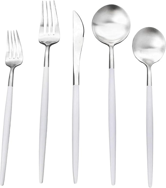 Gugrida White Silver Flatware, Royal 20-Piece Matte White Handle 18/10 Stainless Steel Tableware Sets for 4 Including Forks Spoons Knives, Camping Silverware Travel Utensils Set Cutlery (White Silver)