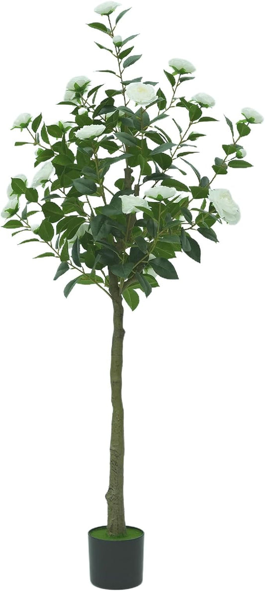 5ft Artificial Camellia Tree with White Silk Flowers - Realistic Faux Flowering Plant for Indoor/Outdoor Decor, Home Staging & Wedding Centerpieces-1pack