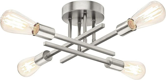 Brushed Nickle Semi Flush Mount Ceiling Lights, 4-Light Modern Industrial Sputnik Chandelier Light Fixture, Silver Flush Mount Light for Kitchen Bedroom Living Room Dining Room Closet, E26 Bulb Socket