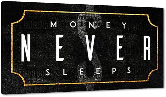 Abstract Creative Money Never Sleeps Motivational Quote Art Prints Painting on Canvas Inspirational Poster Wall Picture Office Wall Art Living Room Bedroom Wall Hangings Framed Ready to Hang-32"Wx16"H