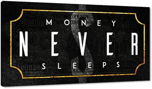 Abstract Creative Money Never Sleeps Motivational Quote Art Prints Painting on Canvas Inspirational Poster Wall Picture Office Wall Art Living Room Bedroom Wall Hangings Framed Ready to Hang-32"Wx16"H