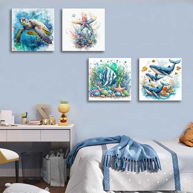 dgbtcart Ocean Bathroom Wall Art Watercolor Sea Turtle Starfish Whale Canvas Pictures Beach Coastal Prints Painting Marine Life Artwork for Living Room Bedroom Decorations 12"x12"x4pcs