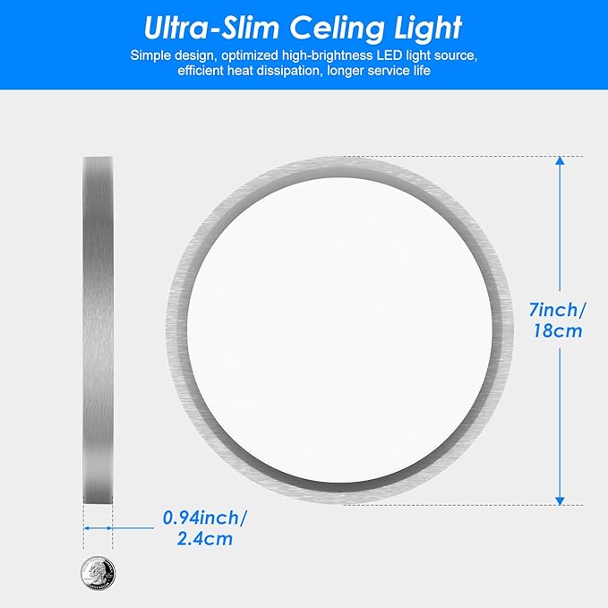 Peasur 7 Inch Satin Round Lighting Brushed Nickel, 15W LED Slim Flush Mount Ceiling Light,3000K/4000K/6500K Adjustable, Modern LED Ceiling Light for Bedroom, Living Room and Kitchen(2-Pack)