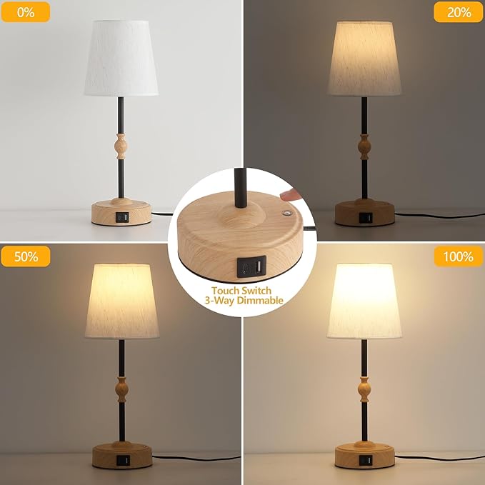 Bedside Table Lamp for Bedroom with 2 USB Charging Ports Minimalist Small Nightstand 3-Way Dimmable Touch Desk Lamp for Living Room Home Office Dorm,LED Bulb Included