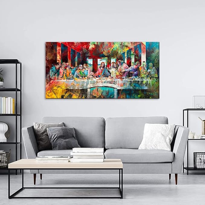 Large Canvas Wall Art - Colorful The Last Supper Painting Picture Framed Reproduction Prints Poster Modern Home Decoration for Living Room Bedroom Office, Ready To Hang 48x24 in