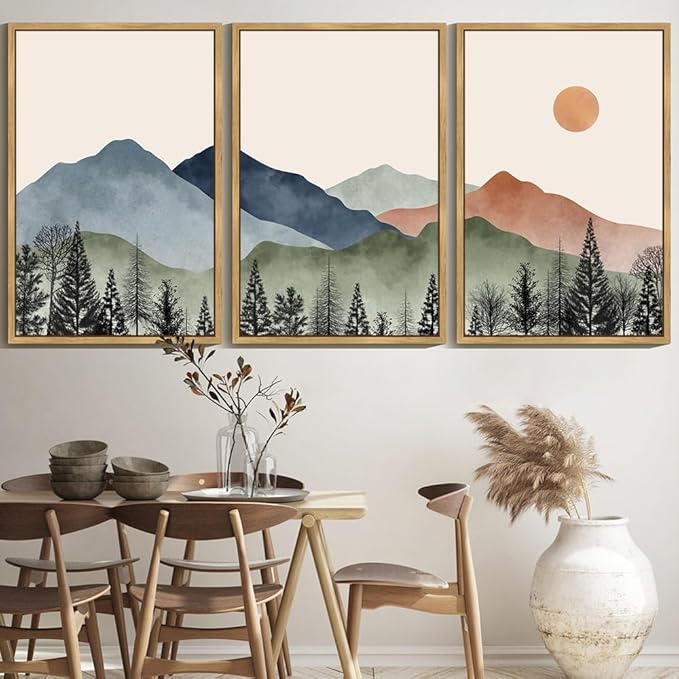KUVIOKE Mountain Landscape Framed Wall Decor Boho Sun Rise Watercolor Nature Art Prints Farmhouse Rustic Bedroom Dining Living Room Decor 24x36in (Natural Framed)
