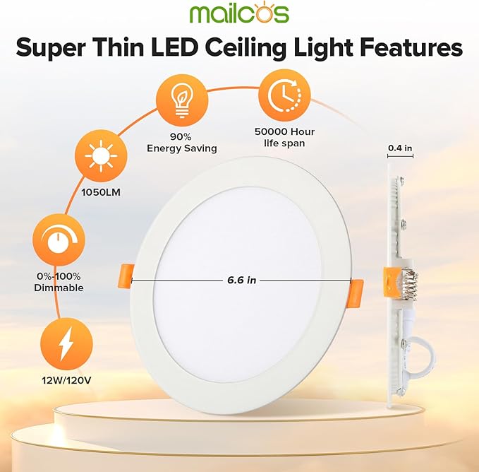 MAILCOS 4 Pack 6 Inch 5CCT Ultra-Thin LED Recessed Ceiling Light with Junction Box, 2700K-5000K Selectable, 1050LM High Brightness, Dimmable Canless Wafer Downlight, 12W 120V, ETL