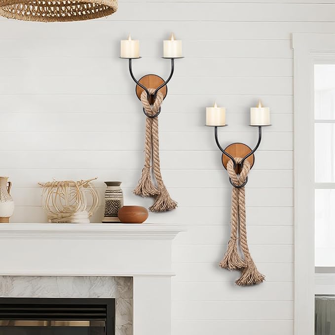 Aimto Wall Sconce Candle Holder Wall-Mount Metal and Wooden Candle Holders Hanging Iron Wall Candle Sconce Holder and use Hemp Rope Decoration,for Home,Living Room, Bathroom, Dining Room, Set of 2