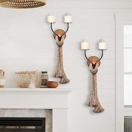 Aimto Wall Sconce Candle Holder Wall-Mount Metal and Wooden Candle Holders Hanging Iron Wall Candle Sconce Holder and use Hemp Rope Decoration,for Home,Living Room, Bathroom, Dining Room, Set of 2