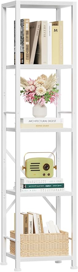 Furologee 5 Tier White Bookshelf, Tall Narrow Bookcase for Small Space, Modern Freestanding Shelf, Metal and Wooden Display Storage Shelves for Bedroom, Living Room, Office