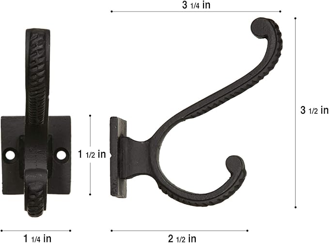 Claimed Corner Iron Scroll Coat Hooks - Wall Mounted Rustic Farmhouse Cast Iron DIY Coat Towel Hat Scarf Bag Hook - 5 Pack (Black)