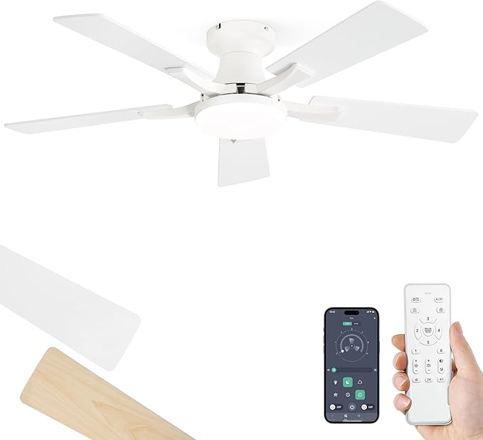 ZMISHIBO 42 Inch Ceiling Fan with Light, App&Remote Control, Flush Mount Low Profile, Dimmable 20W LED Light, Quiet Reversible Motor for Bedroom, Living Room, Apartment, White