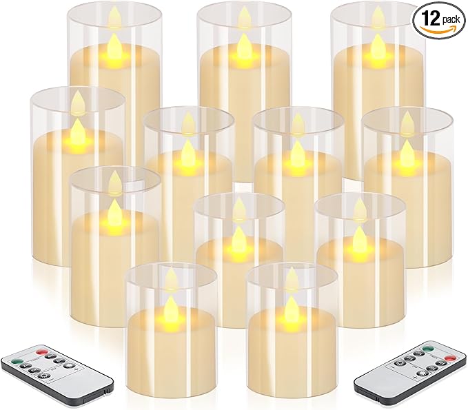 Flameless Candles 4" 5" 6" Acrylic Glass Pillars 3" Diameter Battery Operated Flickering Candles Include Remote with 24Hour Timer Function 400+ Hours by 2 AA Batteries (Pure White, Warm Light 12 Pack)