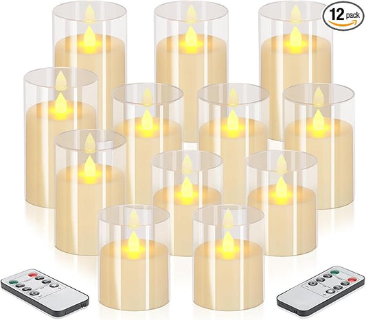 Flameless Candles 4" 5" 6" Acrylic Glass Pillars 3" Diameter Battery Operated Flickering Candles Include Remote with 24Hour Timer Function 400+ Hours by 2 AA Batteries (Pure White, Warm Light 12 Pack)
