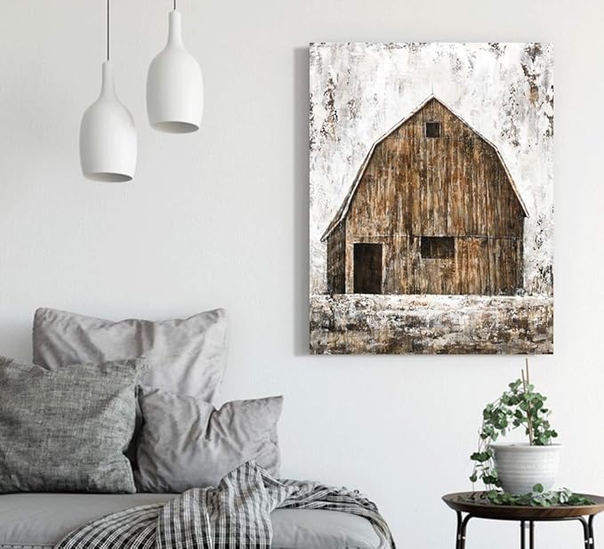 Yihui Arts Old Barn Canvas Wall Art with Textured Rustic Painting Vertical Pictures for Living Room Bedroom Bathroom Decor