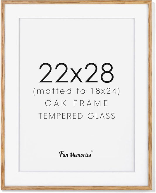 22x28 Picture Frame, 22 x 28 Poster Frame - Solid Oak Wood and Tempered Real Glass, 22"x28" Wood Frame, 22x28 Picture Frame Matted to 18x24, 22 by 28 Art Frame, Natural Oak Color