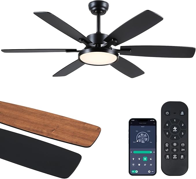 Ceiling Fan with Light,52“ Ceiling Fans with Light and Remote/APP for Bedroom with DC Motor, 6-Blade,3CCT,Surper Bright Dimmable LED Flush Mount Ceiling Fan for Kitchen Patio Use,Indoor/Outdoor Black