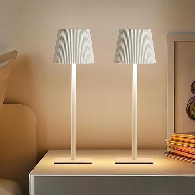 LUTEC 2 Pack Cordless Table Lamp,6000mAh Rechargeable Battery Operated Desk Lamp,Two Adjustable Heights,Waterproof, Touch Control & 3 Color Stepless Dimming for Restaurant/Bedroom/Bars/Outdoor (White)