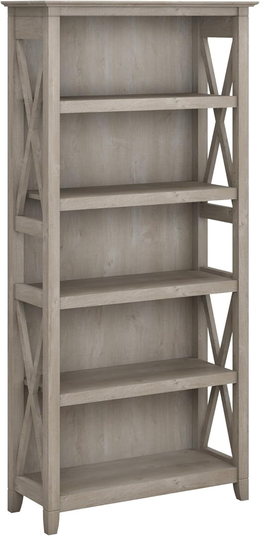 Bush Furniture Tall 5 Shelf Bookcase for Living Room or Home Office, Large Bookshelf, Modern Farmhouse Style, Key West Collection, Washed Gray