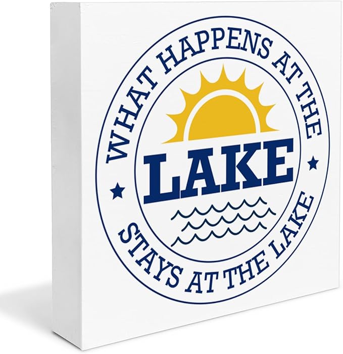 Lake Sign Decor What Happens at the Lake wooden Block Sign Home Lake House Desk Table Shelf Decoration, polychrome