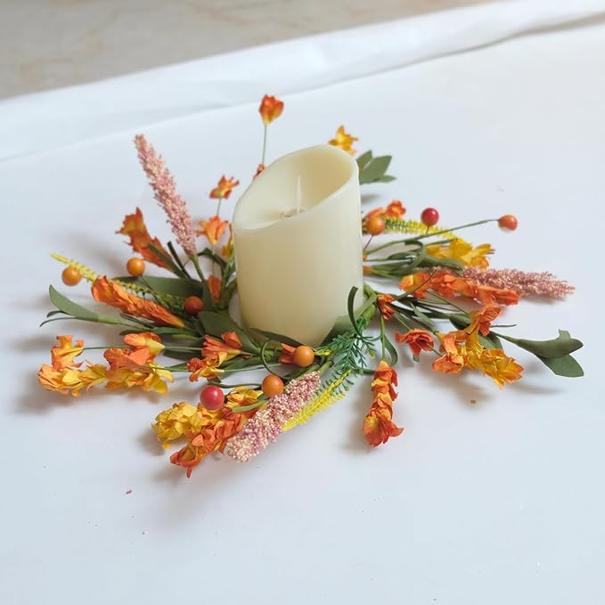 6pcs 11” Fall Mini Forsythia Flower Mini Candle Wreath for Home Decor, Set of 6 Pcs Autumn Flower Mini Wreaths Set for Closet Kitchen Fireplace, Fall Forsythia Candle Ring