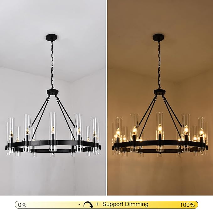 36 Inch Black Wagon Wheel Chandelier with Glass Shade, 12-Lights Farmhouse High Ceiling Chandeliers, Large Round Modern Black Chandeliers for Dining Room Living Room Bedroom Foyer