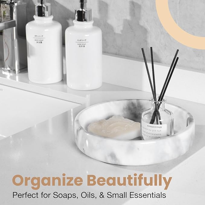 Marble Decorative Bowl - 7.5" White/Grey Solid Marble Centerpiece - Handmade Stone Fruit Bowl - Catch-All or Key Bowl for Kitchen - Modern Minimalist Decor