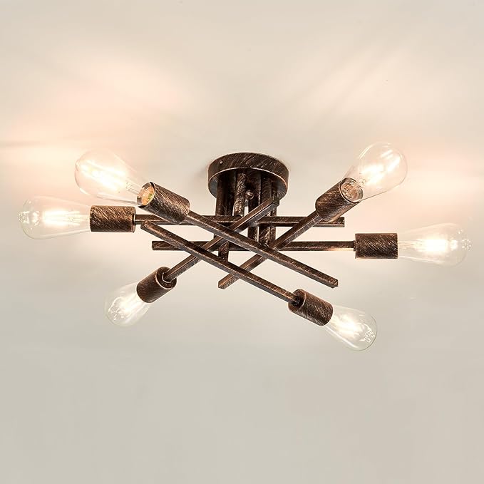 ASGYISA 6-Lights Semi Flush Mount Ceiling Light Fixture Vintage Modern Bronze Matte Sputnik Chandelier Farmhouse Ceiling Lamp for Kitchen Bedroom Dining Room Living Room Entryway.