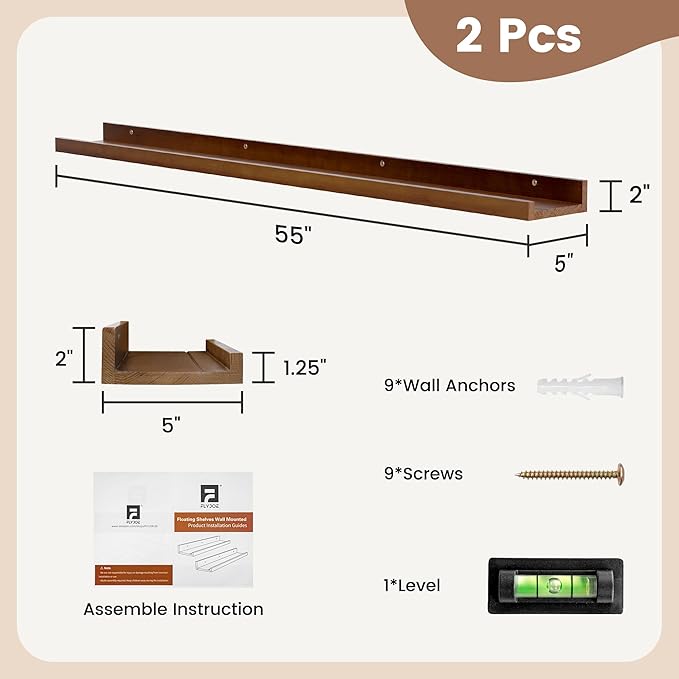 Picture Ledge Shelf, Floating Shelves Set of 2, Solid Pine Wood 55'' Long Large Nursery Book Shelves for Toys Storage, Kids Bookshelf for Living Room Bedroom Decor Books Photo Frames, Walnut