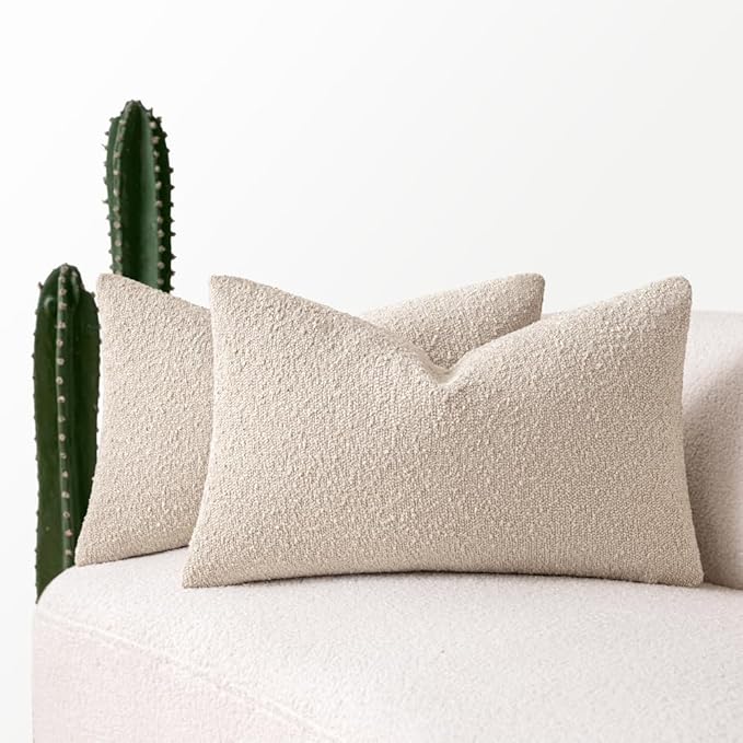 MIULEE 12x20 Inch Decorative Lumbar Throw Pillows for Bed Set of 2 Textured Boucle Neutral Throw Pillow Covers Oatmeal Accent Solid Pillowcase Cozy Soft Sofa Livingroom Home Decor