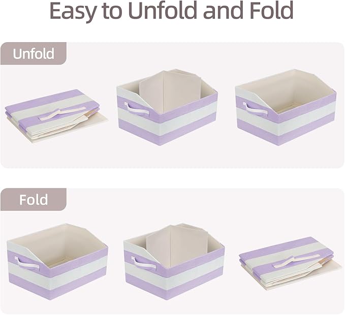 Linen Closet Organizers and Storage, Trapezoid Fabric Bins, Home Office Organization Baskets Striped Collapsible Box with Handles for Clothes, Blanket, Books, DVD, 4 Pack, Purple/White