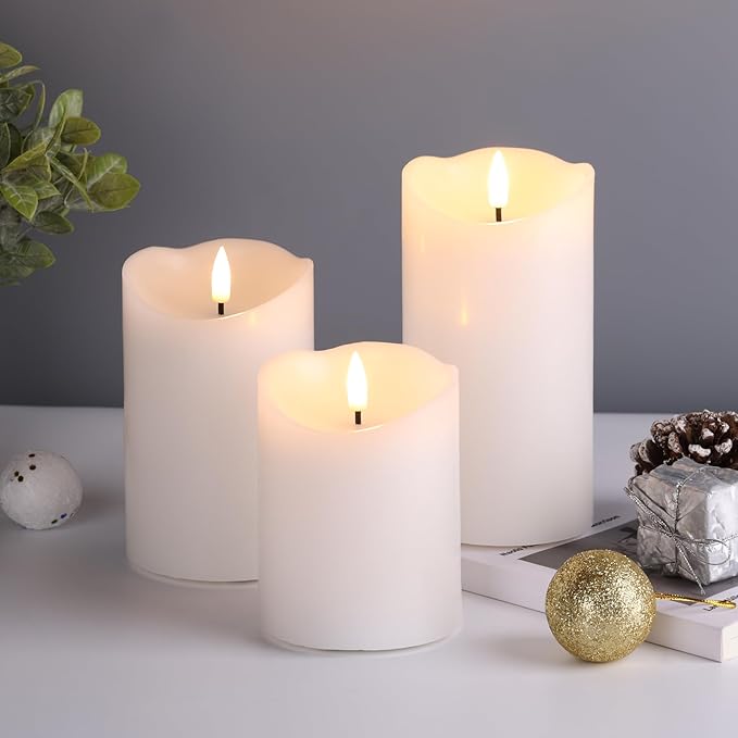 Eywamage White Flameless Pillar Candles with Remote, Flickering Realistic Battery Powered LED Wax Candles, Φ 3" H 4" 5" 6"
