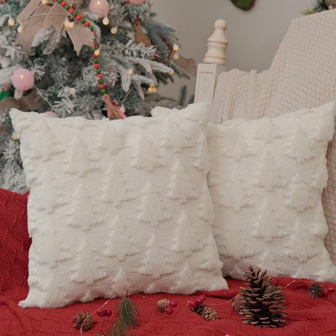 GEEORY Christmas Tree Throw Pillow Covers 16x16 Inch Set of 2, Xmas Winter Soft Plush Faux Fur Wool Decorative Farmhouse Holiday Cushion Case for Home Decoration (Beige) GC004-16