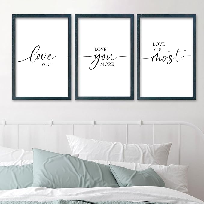 SRSZHIYUE Love Theme Sign I Love You More Most Wall Decor 16"×11" Prints Set of 3 Framed Wood Romantic Couples Modern Above Over Bed for Master Bedroom Simple Hanging Decoration (Black)
