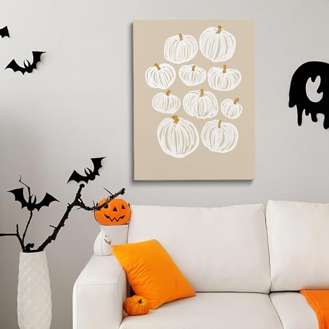 Generic Framed Neutral Pumpkin Painting Posters Modern Fall Canvas Print Wall Art, Beige Fall Decor Abstract Autumn Poster Halloween Decor 24x36""framed