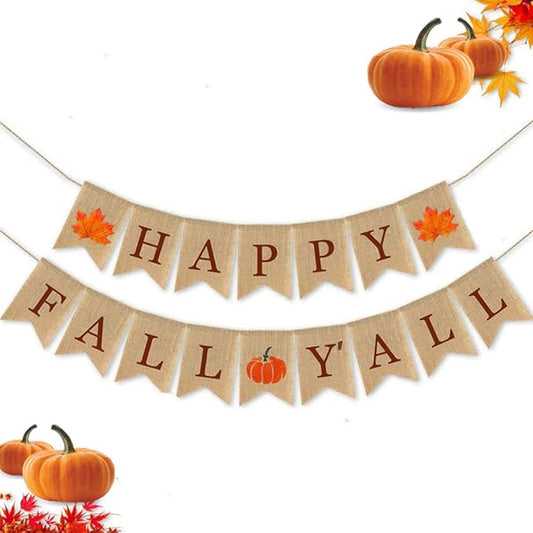 Happy Fall Yall Burlap Banner for Fireplace Thanksgiving Decor Fall Sign Mantel Autumn Rustic Maple Leaf Pumpkin Harvest Banner Autumn Hanging Decorations Wall Indoor Outdoor Office Home Back Drop
