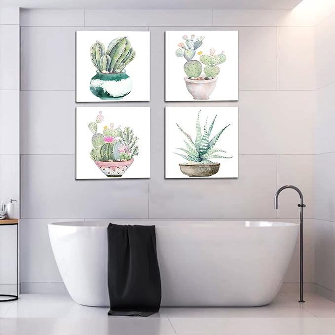 Succulent Bathroom Decor Cactus Canvas Wall Art, Green Botanical Pictures Print, Watercolor Plant Paintings Artwork for Bedroom Living room Office Decoration - 12" X 12"