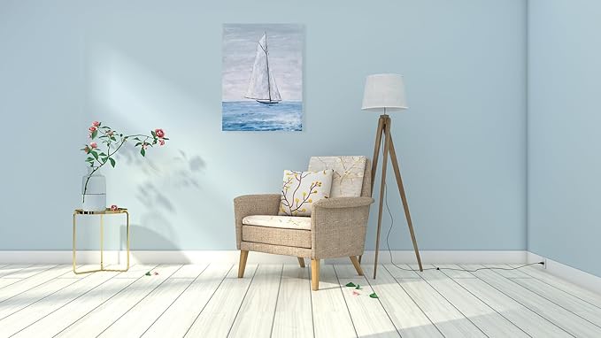 Yihui Arts Coastal Canvas Wall Art - Blue and White Nautical Boat Painting for Bathroom, Living Room, Bedroom, and Hallway Decor
