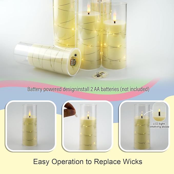 Flameless LED Candles with Timer 5 Pc Flickering Flameless Candles for Romantic Ambiance and Home Decoration Stable Acrylic Shell,with Embedded Star String，Battery Operated Candles（Ivory）