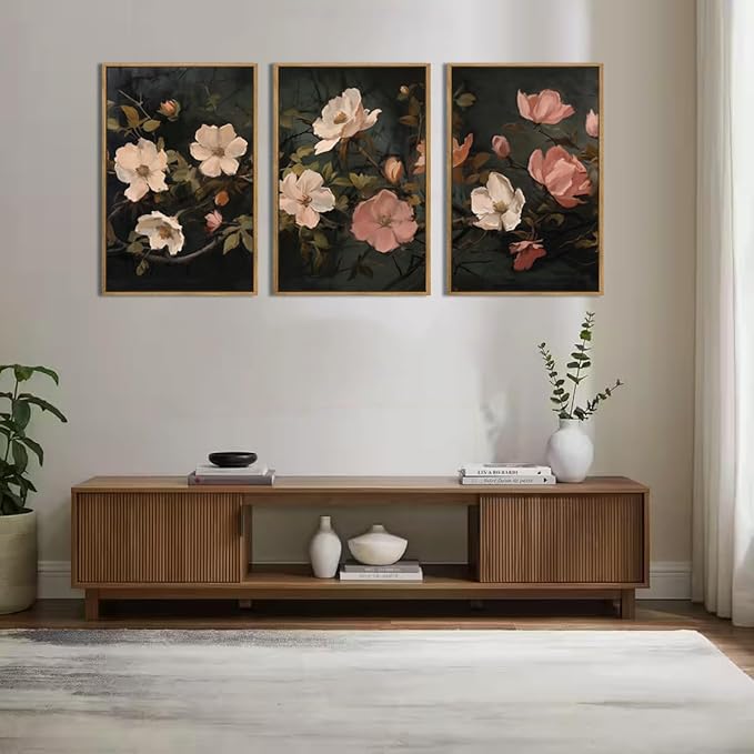 IARTTOP Large Black Floral Framed Canvas Wall Art 16x24 Inch Dark Moody Floral Art Prints Set of 3 Modern Botanical Wildfower Wall Decor for Living Room Bedroom Office