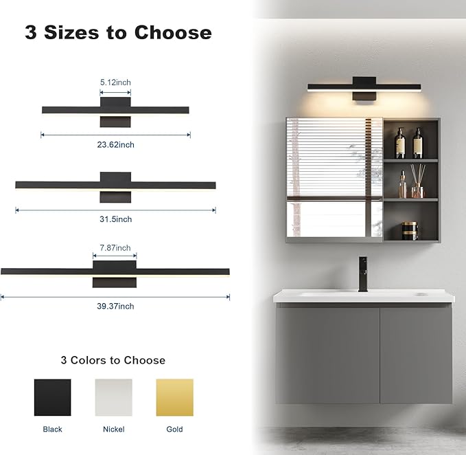 Joossnwell Vanity Light for Bathroom Lighting Fixtures Over Mirror 23.62 Inch Dimmable 5CCT Modern Vanity Lights Black Bathroom Light Bar Bath Wall Sconce ETL Certificated