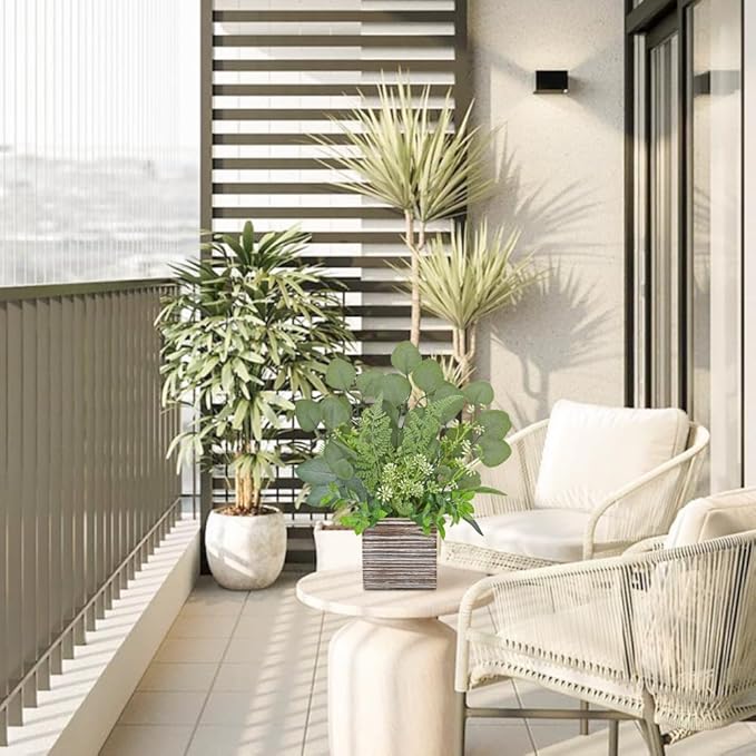 Hollyone 2Pcs Artificial Eucalyptus Plant in Rustic Wood Planter 14" Faux Eucalyptus Fern Greenery Arrangement Potted Plant Centerpiece for Farmhouse Home Indoor Wedding Table Shelf Kitchen Decor