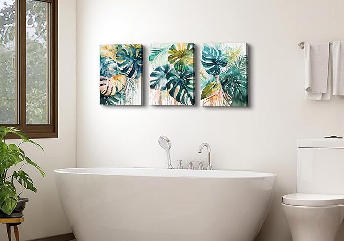 Tropical Monstera Wall Art Leaf Pictures Wall Decor for Bathroom Abstract Watercolor Sage Green Palm Leaves Paintings Botanical Canvas Prints Posters Artwork Home Living Room Decoration 12x16" 3Pcs