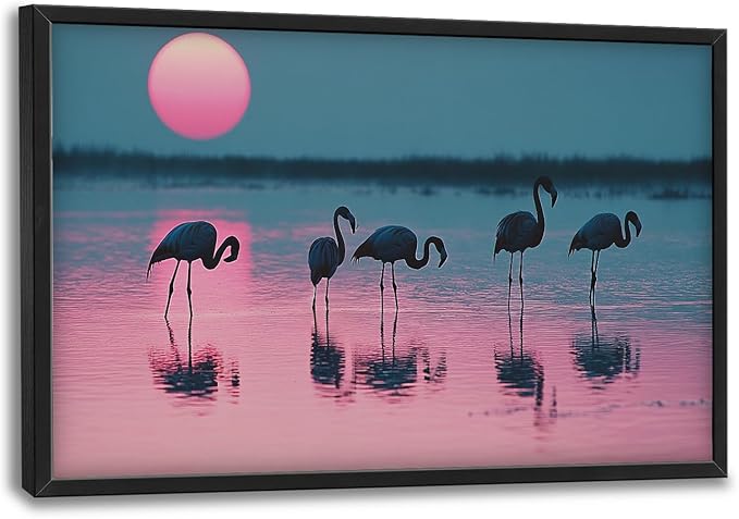 Olivine Flamingo Wall Art, Sunset Pictures Wall Decor, Beach Painting, Tropical Animal Canvas Prints, Framed Artwork for Bathroom Bedroom Living Room Office Home Decoration 36"x24"
